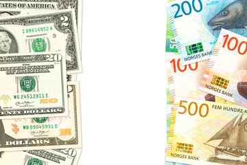 new norwegian krone and us-american dollar banknotes indicating bilateral economic relations with...