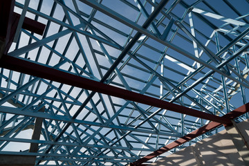 Structure of steel roof frame for building construction.