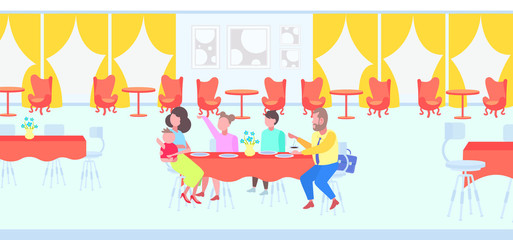 Fototapeta premium big family parents with children sitting cafe table enjoying the food people visitors having dinner and talking modern restaurant interior full length flat horizontal