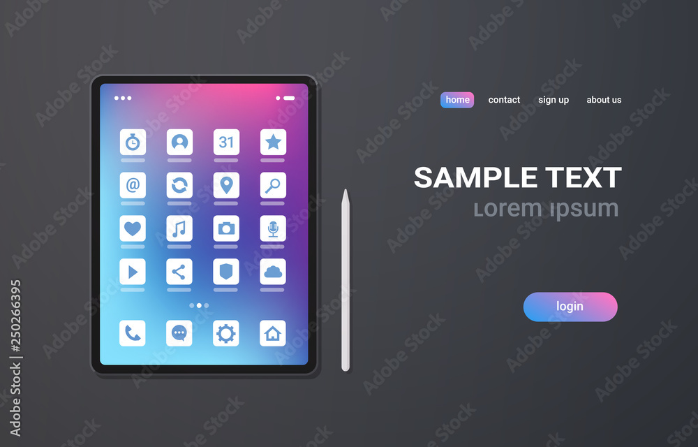 Wall mural realistic tablet pc mobile application icons ui colorful screen on gray background digital technolog