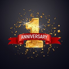 1 anniversary celebrating golden number with red ribbon vector and confetti isolated design elements. First year birthday event icon on dark background