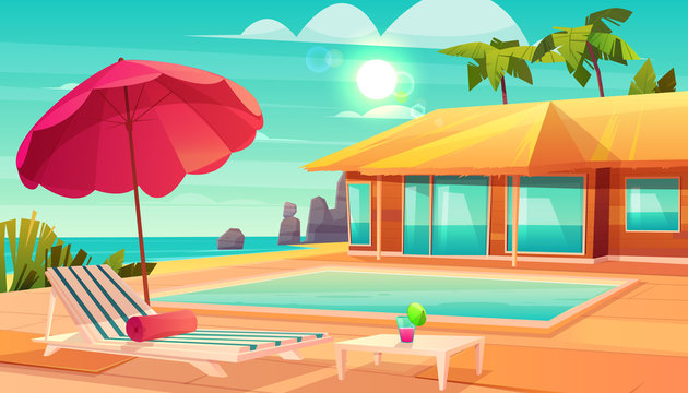 Luxury tropical resort hotel cartoon vector with cocktail on table, lounge chair under umbrella and swimming pool near comfortable beach house or bungalow illustration. Summer vacation background