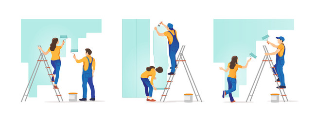 House repair. People painting the wall and  glues wallpaper at home. Vector illustration. © faber14