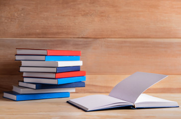 Many books on wooden table