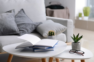 Books, glasses and houseplants on tables in room