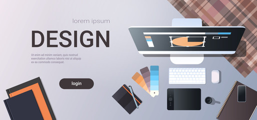 graphic designer creative workplace design studio concept top angle view desktop with digital tablet notepad color swatch office stuff copy space horizontal © mast3r