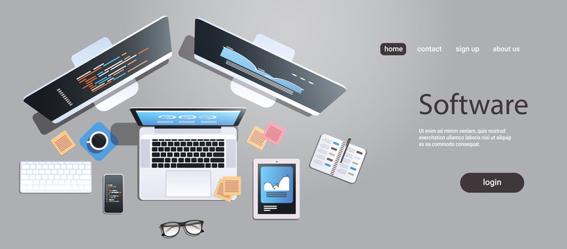 design software development programming concept top angle view desktop computer monitor tablet smartphone laptop screen office stuff horizontal copy space