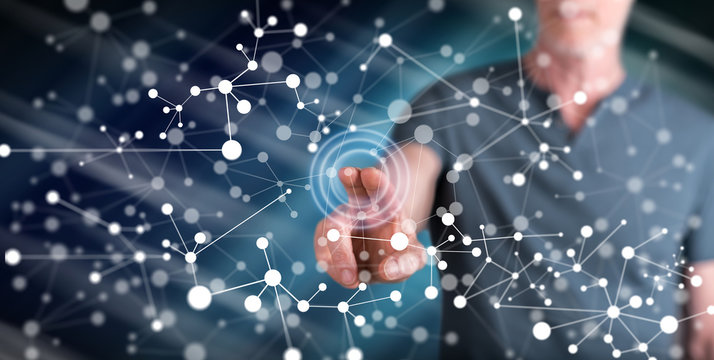 Man touching a virtual network