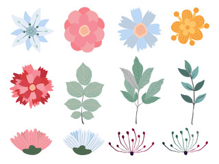 Vector floral set. Colorful floral collection with flowers. Set of floral elements. Vector illustration. Isolated on a white background.