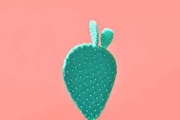 Cactus green colored on Living Coral background. Minimalism. Contemporary Art gallery Style. Creative fashion concept. Close-up tropical plant on pastel coral. 16-1546