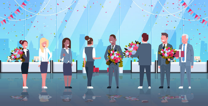 businessmen congratulating businesswomen happy 8 march womens day concept mix race men giving flowers women modern office interior full length horizontal