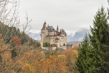 Fototapeta na wymiar world-famous medieval Menthon Castle in the commune of Menthon-Saint-Bernard, in the Haute-Savoie, France