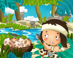 Cartoon scene with caveman in the jungle near the river in the background - illustration for children