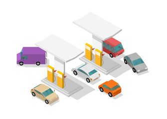 Filling station. Refilling fuel cars. Motorway road service. Petroleum gas station. Petrol tank, gasoline. Colorful vector isometric view.