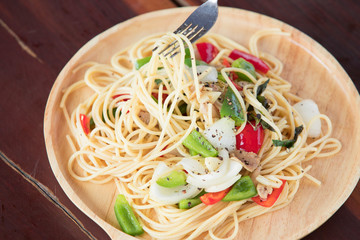 Italian spaghetti on Wooden dish,Spaghetti, italian, tomato.Plate of Spaghetti 