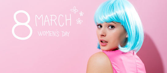 Womens Day message with beautiful woman with a blue wig