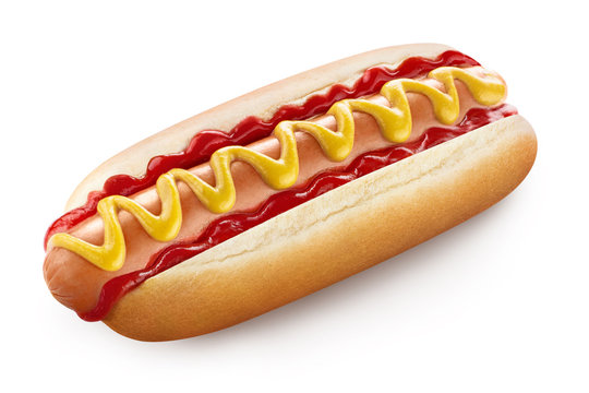 Delicious hot dog with ketchup and mustard, isolated on white background