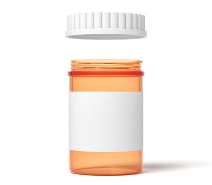 3d rendering of orange transparent plastic pills jar with blank label and lid open isolated on white background