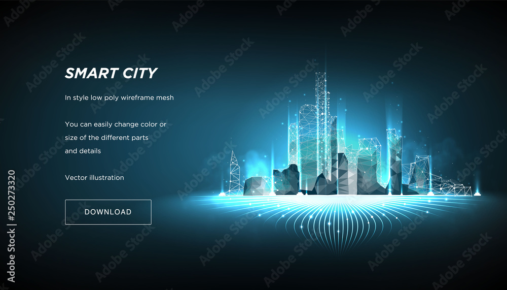 Wall mural smart city low poly wireframe on blue background.city future abstract or metropolis.intelligent buil