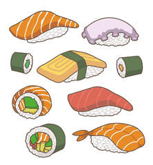 Vector collection of cartoon Japanese sushi illustrations