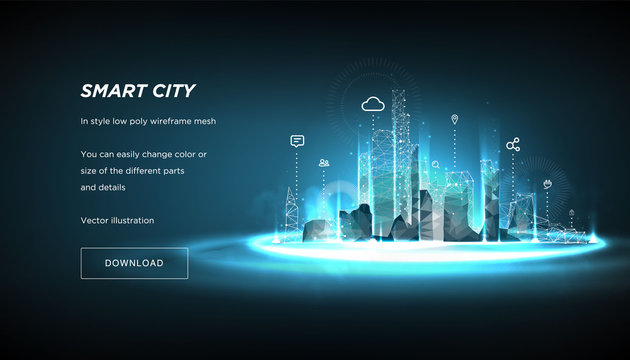 Smart city low poly wireframe on blue background.City future abstract or metropolis.Intelligent building automation system business concept.Polygonal space low poly with connected dots and lines.Vecto