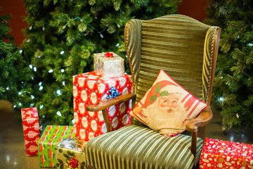 Santa Pillow with presents christmas tree background