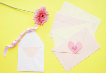 Envelopes and beautiful flower on color background