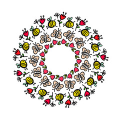 Bees butterflies and flowers hand drawn mandala illustration