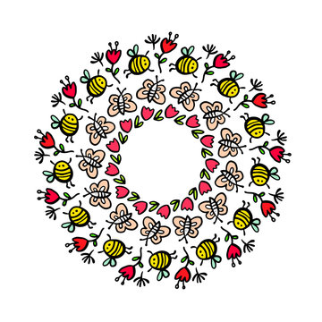 Bees butterflies and flowers hand drawn mandala illustration
