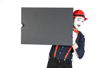 happy artist MIM is holding a black Board on a white background
