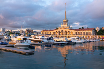 Sochi Marine Station and the yacht pier at sunset.