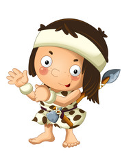 cartoon scene with happy caveman barbarian warrior with spear on white background illustration for children