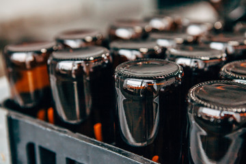 close-up of empty beer bottles upside down in a plastic box