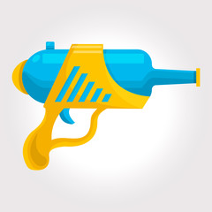 Blue and yellow toy cosmic water gun on a white background.