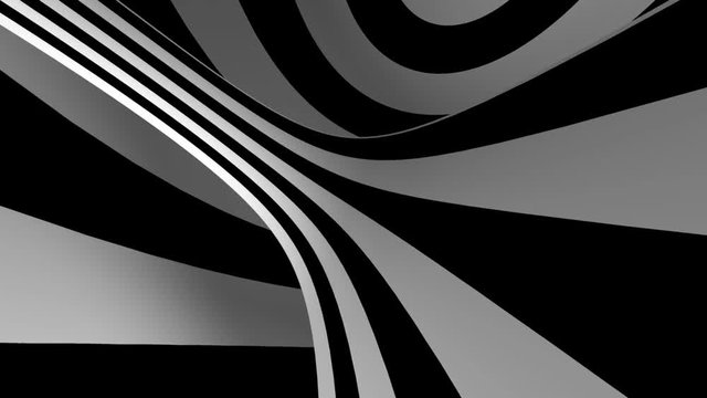 Stylish 3d black and white abstract striped infinite fly trough loop background