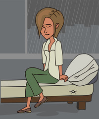 depressed woman sitting on the bed funny cartoon