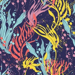 Fototapeta na wymiar Seamless pattern, colored seaweed and coral in sea foam. Deepwater algae coral pink, blue, purple and yellow colors. Vector graphic background with marine theme.
