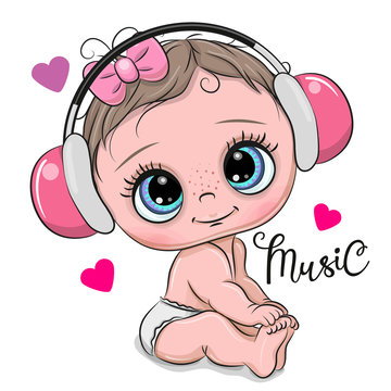 Cute cartoon Baby Girl with headphones on a white background