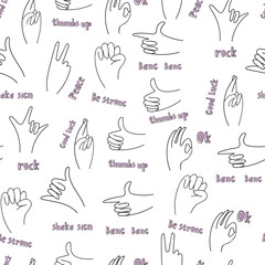 Obraz premium Popular hand gestures with descriptions. Trendy black and white icons collection. Vector illustration. Doodle hand drawn seamless pattern