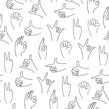 Popular hand gestures. Trendy black and white icons collection. Vector illustration. Doodle hand drawn seamless pattern