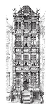 Renaissance architecture front building / Vintage illustration from Meyers Konversations-Lexikon 1897 