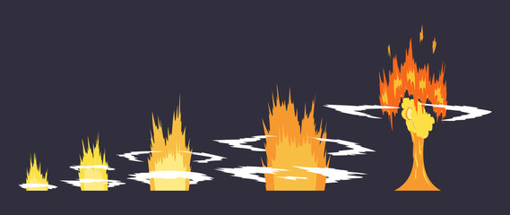 Cartoon explosion effect with smoke. Effect boom, explode flash, bomb comic book, vector illustration. Animation for game of the explosion effect, broken into separate frames.