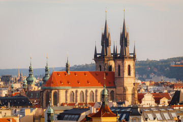 Obraz premium Old Church of Our Lady before Tyn in Prague. View from the park at the sunset.