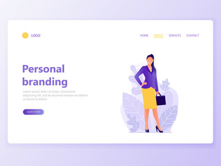 Web page template for personal branding, business communication, consulting, planning. Landing page design. Businesswoman. Web banner, mobile app. Vector illustration