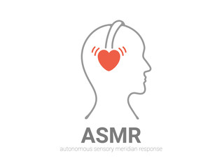 Autonomous sensory meridian response, ASMR logo or icon. Head with heart shaped headphones, enjoying sounds, whisper or music. Vector illustration flat line style - obrazy, fototapety, plakaty