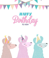 Llama birthday card. Cute birthday greeting card with alpaca. Editable vector illustration