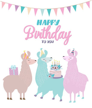 Llama birthday card. Cute birthday greeting card with alpaca. Editable vector illustration