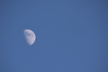 A half moon in a clear blue sky