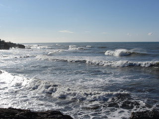 Waves of the sea on the Tuscany coast in winter . Livorno, Italy