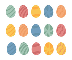 Happy Easter set of egg designs on white background. Cartoon flat egg shapes decorated with texture, stripes and spots. Red, green, yellow, blue and orange bright colors. Vector illustration.